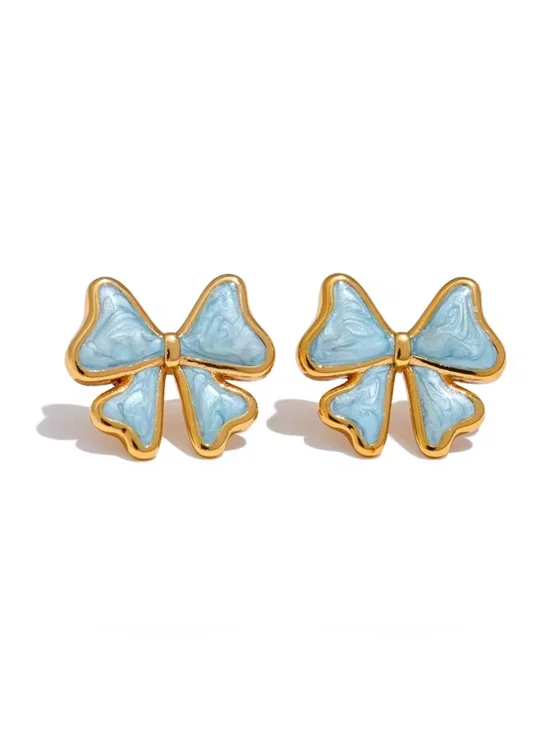 Gold & Blue Bow Stud Earrings - Picture 2 of 3